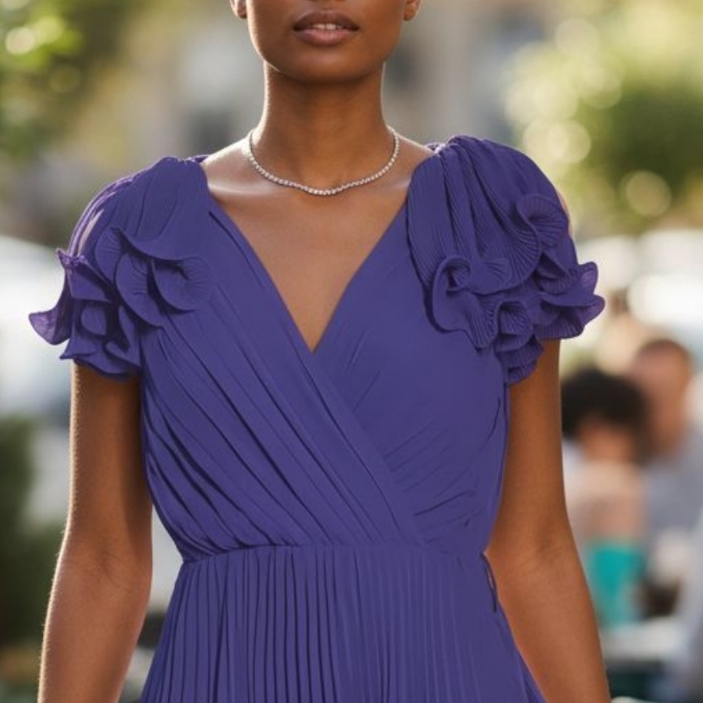 Pearl  Georgina Chapman Royal V-Neck Pleadd Purple Midi Dress Size 6 - Picture 9 of 16